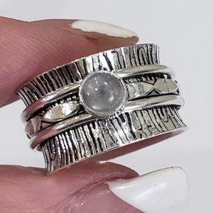 Handmade Natural Rainbow Moonstone Wide Band Spinner Ring